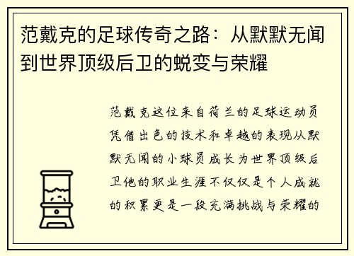范戴克的足球传奇之路：从默默无闻到世界顶级后卫的蜕变与荣耀